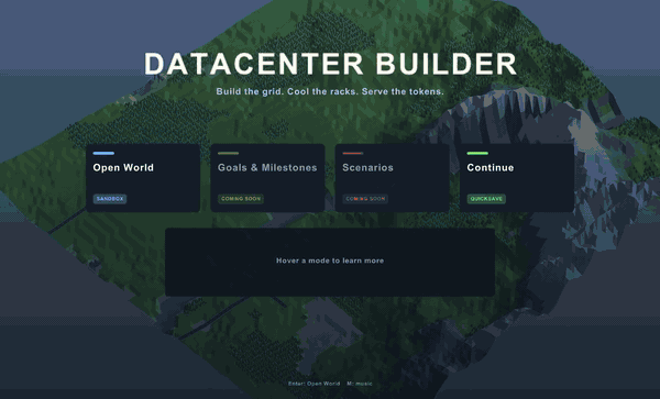 Datacenter Builder gameplay: picking rivals, rerolling the map, building a campus, the power view, training a model, the newspaper, a protest and leveling a hill