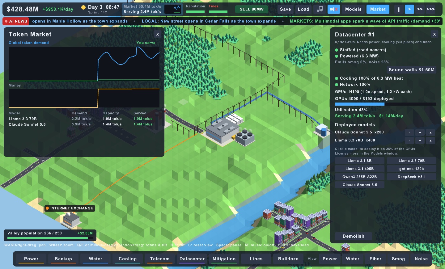 A powered, cooled and connected datacenter with the token market chart and building panel open