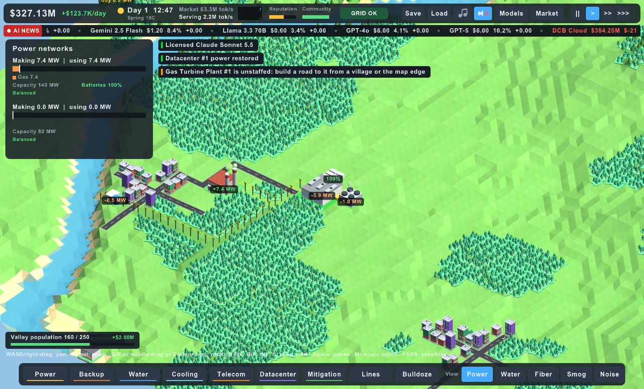 The power view showing each power network's supply and demand